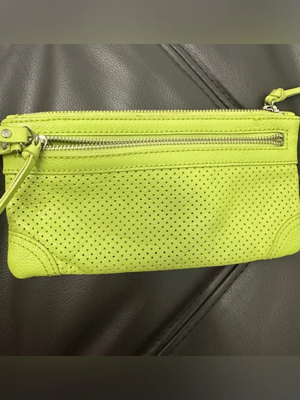 BANANA REPUBLIC Green Perforated Zip Wristlet Clutch Zipper